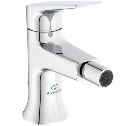 Chromene Bidetarmatur mit einem klaren Design und integrierter Ablaufgarnitur, hergestellt von Ideal Standard.